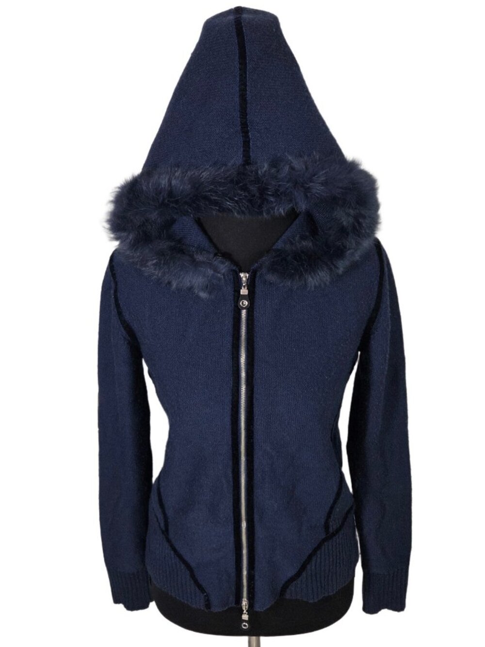Wool Blend Knit Hoodie Rabbit Fur Trim L Y2K 90s Bella Swan Trashy McBling Indie
